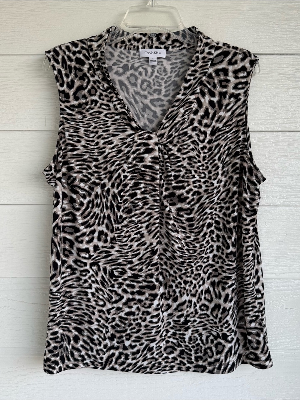 Calvin Klein Animal Print Sleeveless V-Neck Top Black & Cream Stretch Women’s XL